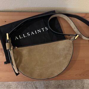 AllSaints Half Moon Suede Crossbody Bag, Sughero Brown